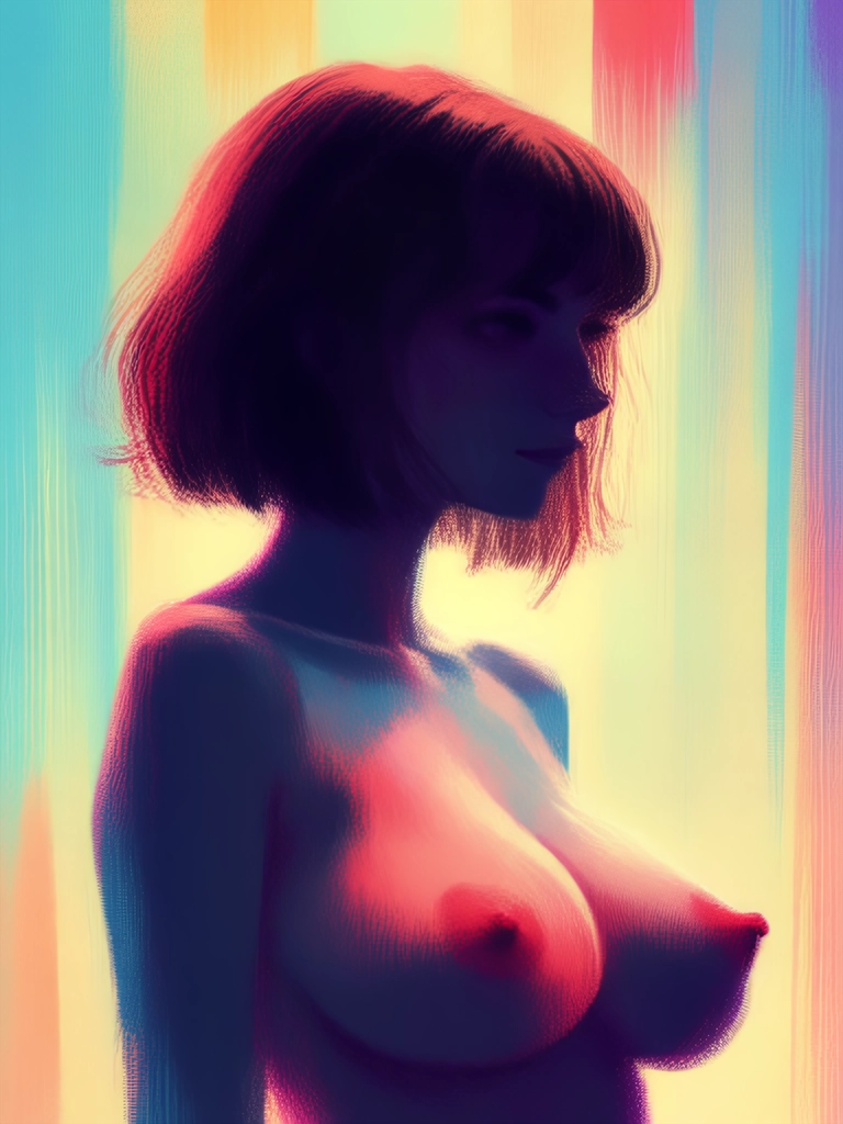 An animated painting in impressionistic style with bold brush strokes about the side silhouette of a beautiful woman with pretty eyes and shorter brown hair and large bare breasts with large nipples over a simple colorful background. She turns her head directly at the viewer.