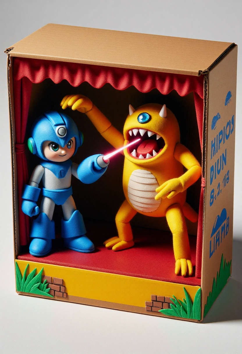 <lora:Finger_Puppet_Theater_FLUX-000013:0.9>
The image is a photograph of a whimsical, handcrafted diorama with a cardboard box set up as a stage,  featuring  Megaman firing his arm laser at a monster
