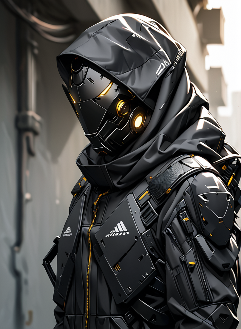 masterpiece,high resolution,shadow detail,natural light,
techwear, 
techwear, , science fiction, solo, upper body, robot mask, , black jacket
 <lora:TechWearXL:0.8>