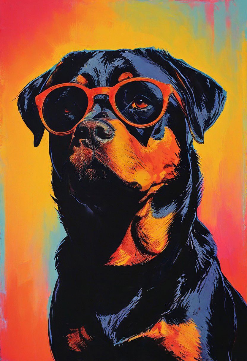 impactful color paint of, a Rottweiler wearing dark sunglasses, highly detailed, vibrant colors , 8k, sharp, professional, clear, high contrast, high saturated, , vivid deep blacks, crystal clear