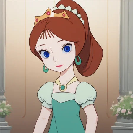 score_7_up, BREAK, PrincessCamille, 1girl, solo, long hair, brown hair, ponytail, blue eyes, tiara, crown, earrings, necklace, green dress, short sleeves, puffy short sleeves, <lora:PrincessCamille_LittleNemo_PXL_Leaf1:1>