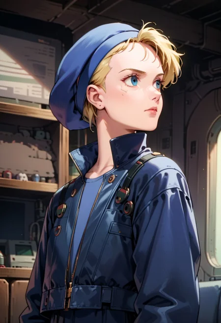 score_9, score_8_up, score_7_up, source_anime, highly detailed, Calla, Casual Calla, solo, cyberpunk, mech, pilot, leather jacket, cyborg, 1girl, upper body, female focus, indoors, knva, undercut, cyborg, long blonde hair, blue eyes, gold headwear,