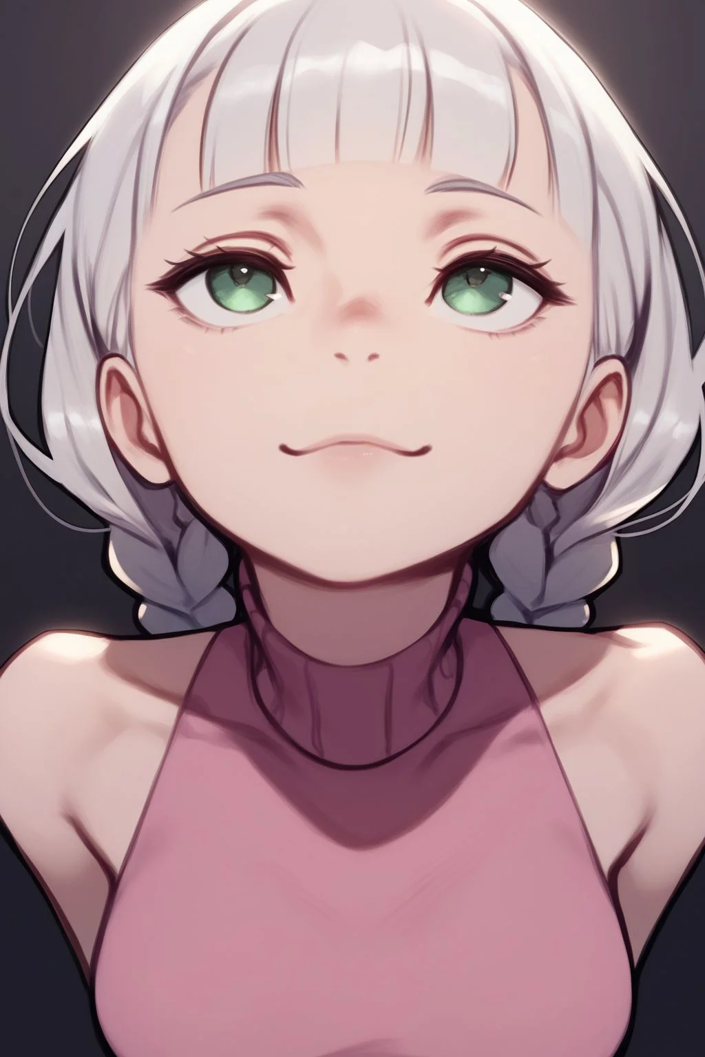 score_7_up, high resolution, 1girl, looking up, arm_behind_back, seductive smile, silver hair, multiple braids, heavy fringe, dark green eyes, breasts, pink sleeveless turtleneck <lora:kuroboshi_kouhaku_PonyXL_style_v01.09:1>