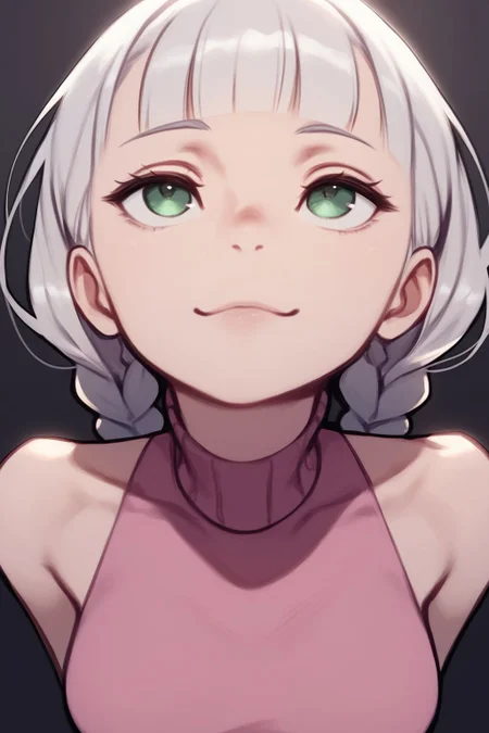 score_7_up, high resolution, 1girl, looking up, arm_behind_back, seductive smile, silver hair, multiple braids, heavy fringe, dark green eyes, breasts, pink sleeveless turtleneck <lora:kuroboshi_kouhaku_PonyXL_style_v01.09:1>