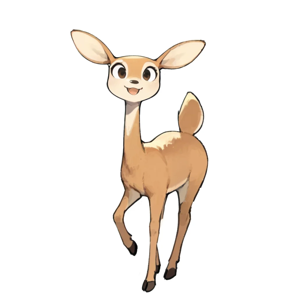 score_9_up, score_8_up, rating_questionable, solo, furry female, cervid, deer, (feral:1.2), giselle \(open season\), one raised hoof, smiling, open mouth, ecstatic, <lora:GisellePDXL-000009:0.8>, front view, tmchng artstyle, dot eyes, <lora:TemmieChang_ver2:1>