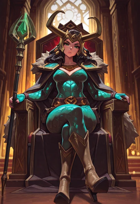 masterpiece, best quality, absurdres, highres, high quality, highly detailed,
1girl, solo, ldylki, long hair, green eyes, horned helmet, hair ornament, looking at viewer, head tilt,
breasts,
fur trim, cape, necklace, bodysuit, armor, shoulder pads, belt, fingerless gloves, nail polish, high heel boots,
dynamic angle,
sitting, crossed legs, sitting on throne, holding staff, magic,
indoors, depth of field, cinematic, palace, throne room, light rays, light particles,
no lineart, pixelsketcher,