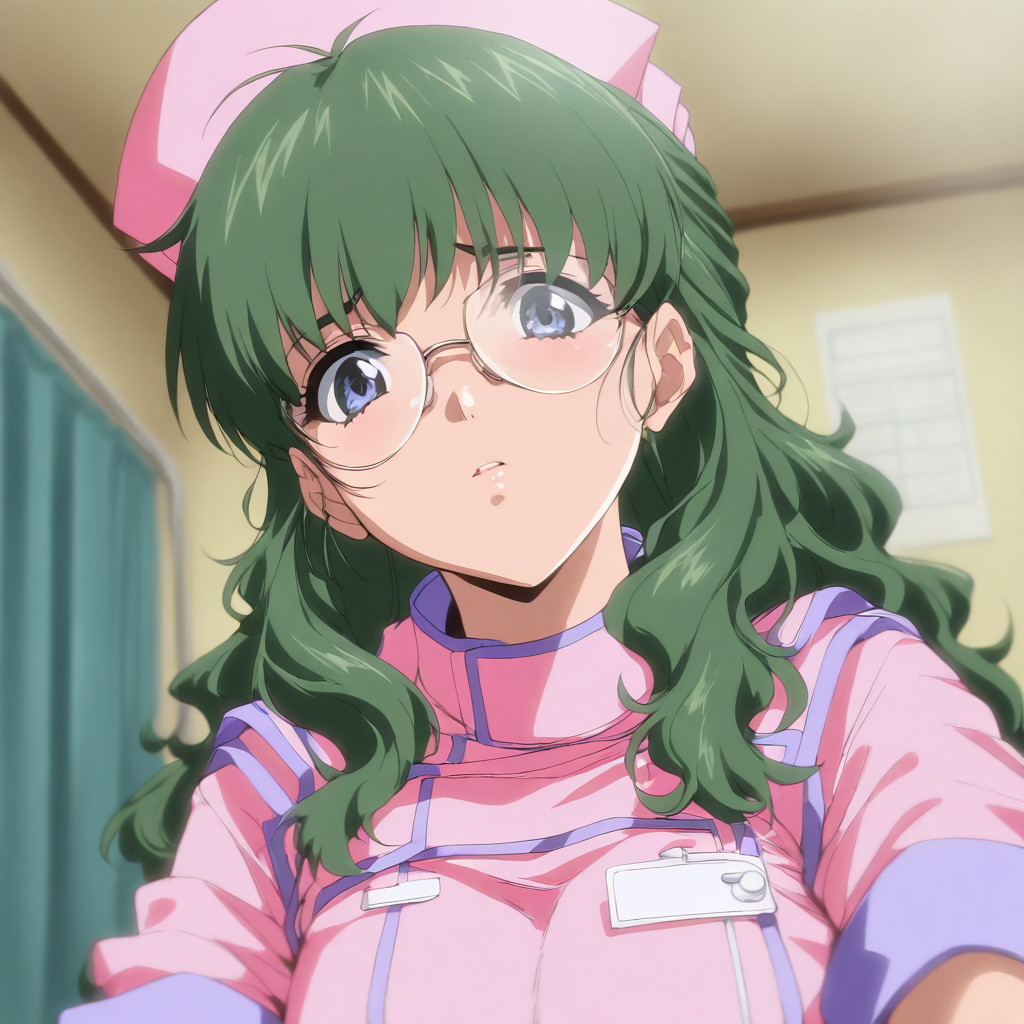 masterpiece,high score,great score,absurdres,1girl,solo,looking at viewer,upper_body,portrait,<lora:Aoi_Akimoto ag4o v1:1> aoi_akimoto, green hair, long hair, blue eyes, glasses,nurse,