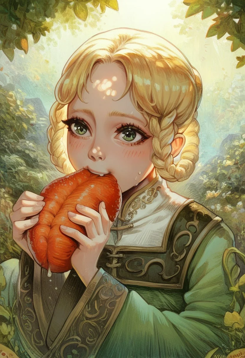 score_9, score_8_up, score_7_up, 1girl, Rya, ryazorayas, blonde hair, green eyes, braided hair rings, green dress, long sleeves, cute face, young, eating shrimp, happy, biting into shrimp, holding shrimp, outside, cold background, cinematic lighting, very aesthetic background, ultrahigh resolution, detailed, masterpiece, m4g
