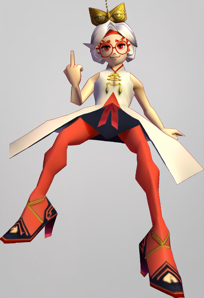 score_9, score_7_up BREAK solo,n64zeldastyle, 3d, polygonal, white background, full body,purah,white hair,red eyes,hair ornament, red headband, red glasses, sleeveless shirt, white coat, black skirt, red leggings, gloves, high heels,smug,closed mouth,middle finger,looking at viewer <lora:purah-pdxl-nvwls-v1:0.8>   <lora:zs_N64ZeldaStyleXL:1>
