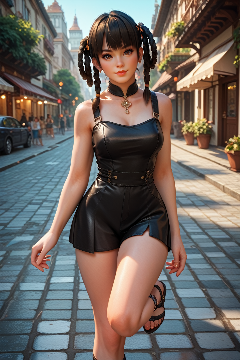 score_9, score_8_up, score_7_up,
<lora:DOALeiFang:0.8>
DOALeiFang, 1girl, black hair, brown eyes, twin braids, looking at viewer, posing on a cobblestone street, one foot on the ground, other leg bent slightly, European city architecture in the background, warm evening glow, stylish and urban atmosphere