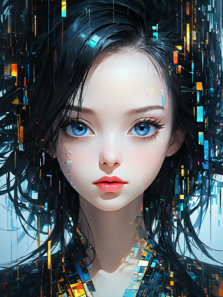 <lora:æéé£:1>,(\gu zhang feng\), 1girl, solo, looking at viewer, black hair, lips, portrait, parted lips, nose, realistic, forehead, blue eyes, black eyes, glitch