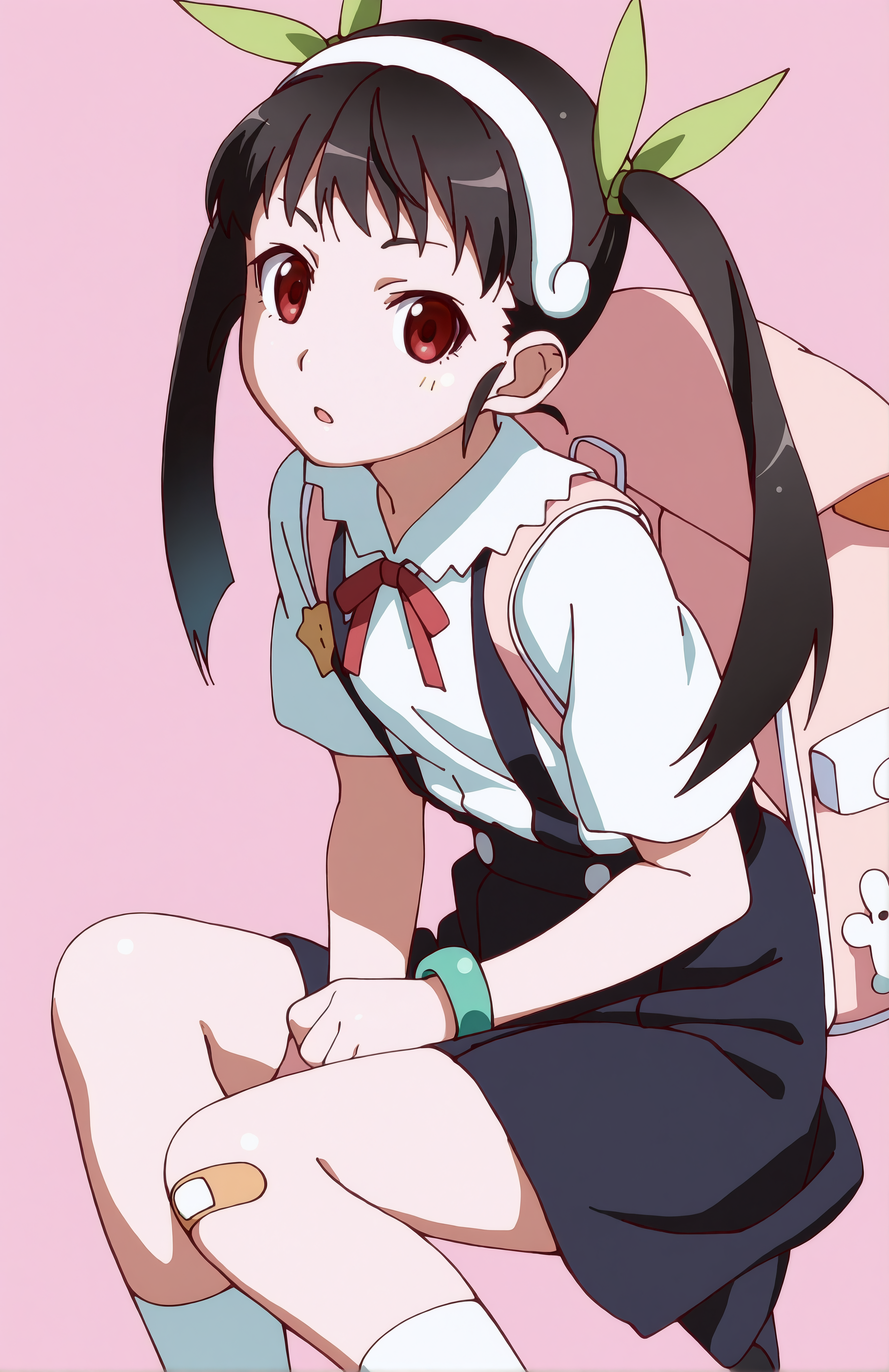 HachikujiMayoi. 1girl, solo, black hair, red eyes, twintails, hair band, green hairbow, white shirt, short sleeves, skirt, socks, bag, bracelet, backpack, suspenders, bandaid on knee
