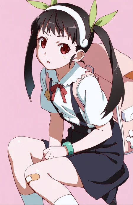 HachikujiMayoi. 1girl, solo, black hair, red eyes, twintails, hair band, green hairbow, white shirt, short sleeves, skirt, socks, bag, bracelet, backpack, suspenders, bandaid on knee