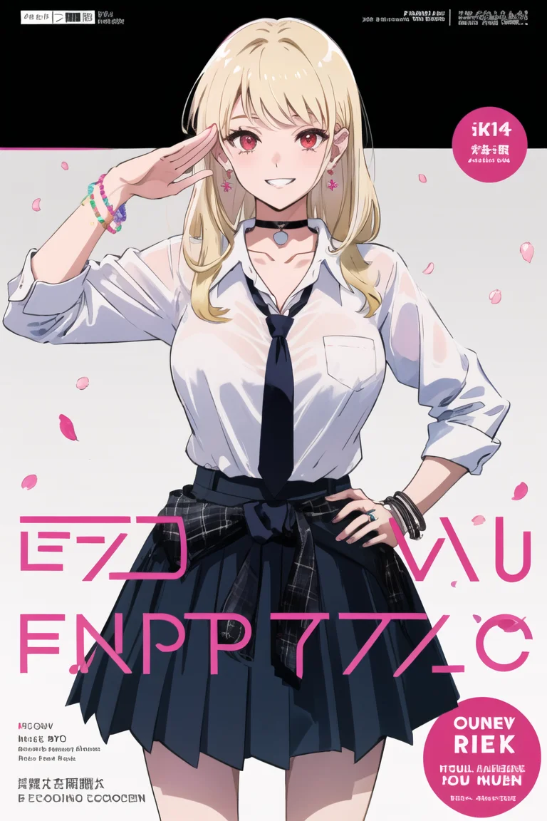 masterpiece, best quality, full body,salute,hand on hip,
1girl, bangs, black choker, black necktie, blonde hair, blue skirt, blush, bracelet, breasts, choker, clothes around waist, collarbone, collared shirt, cowboy shot, dress shirt, ear piercing, eyebrows visible through hair, gradient hair, grin, gyaru, jewelry, kogal, long hair, looking at viewer, loose necktie, necktie, piercing, plaid, plaid skirt, pleated skirt, red eyes, ring, school uniform, shirt, skirt, smile, solo, white shirt,
street, sky, cherry blossoms, petals,illustration, (magazine:1.3), (cover-style:1.3), fashionable, woman, vibrant, outfit, posing, front, colorful, dynamic, background, elements, confident, expression, holding, statement, accessory, majestic, coiled, around, touch, scene, text, cover, bold, attention-grabbing, title, stylish, font, catchy, headline, larger, striking, modern, trendy, focus, fashion,