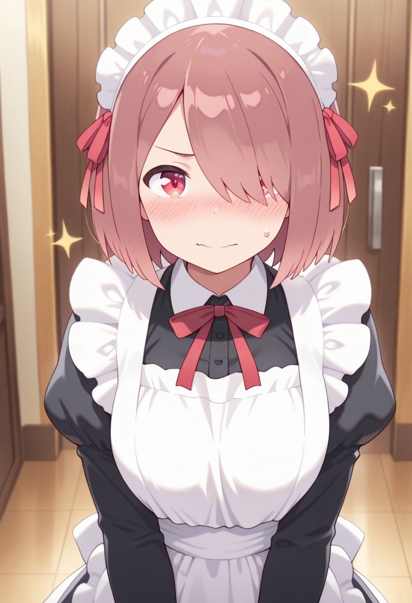 masterpiece,best quality,amazing quality, hoshino miyako, short hair, brown hair, red eyes, maid, 1girl, solo, hair over one eye, blush, enmaided, apron, maid apron, sparkle, upper body, long sleeves, sweatdrop, looking at viewer, hair ribbon
