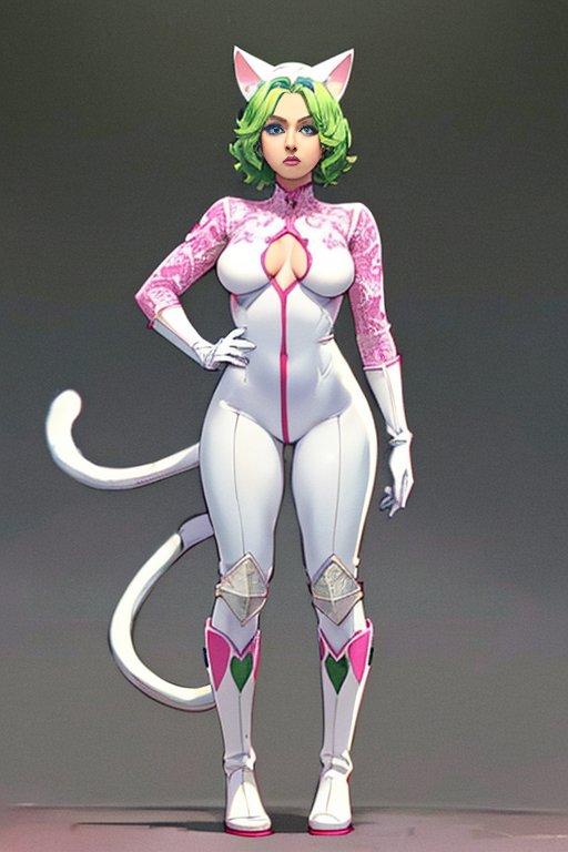 KittyN,  1girl, blue eyes, white and pink bodysuit, tail,  (white helmet with cat ears),  green hair under helmet, white gloves and boots, standing, posing,
(insanely detailed, beautiful detailed face, masterpiece, best quality)  intricate details,   <lora:Kitty-N-10:0.7>