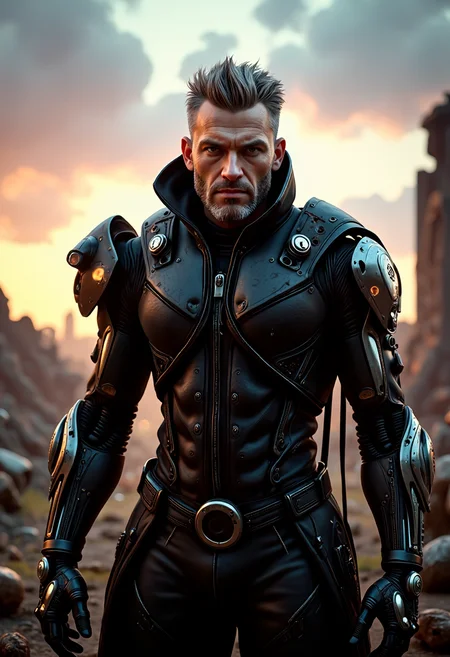 A futuristic battlefield reveals a captivating scene. YoungMoxie, a grizzled cyborg, stands amidst the chaos with his face clearly lit, his exosuit, now worn with battle damage, reflecting the setting sun's rays. The exosuit, a masterpiece of gothic design, enhances his muscular frame, its bulkiness conveying strength and resilience. YoungMoxie's presence, a fusion of human and machine, exudes determination and a sense of duty. This cinematic film still, with its retro arcade style, captures a moment of intense action, where his cybernetic enhancements and battle-worn armor leave viewers enthralled by the fusion of technology and warfare in this dystopian, futuristic world, <lora:flux/ARTifacts>, <lora:flux/flux_realism_lora>, <lora:flux_trainer/fluxPunk_v12>.