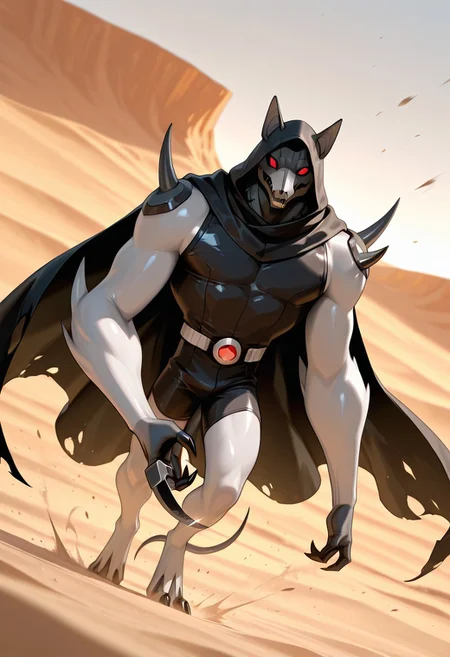 <lora:blitzwolfer-07:1> blitzwolfer, solo, 1boy, no humans, monster, pokemon (creature), red eyes, white fur,  cloaked, black cloak, holding sickles, , black claws, , sharp teeth, masterpiece, best quality, amazing quality, very aesthetic, absurdres, newest,,  massive arms, spikes on shoulder and elbows, wearing torn black cloak, torn cloak, black scarf, sickle in hand, black long sleeves, loose, sleeves, hood up, travelers cloak, cult, reaching out, dutch angle, black scarf, cloak covering body, desert background, sickle, death sickle, sand dunes, blowing cloak, in the wind, white fur