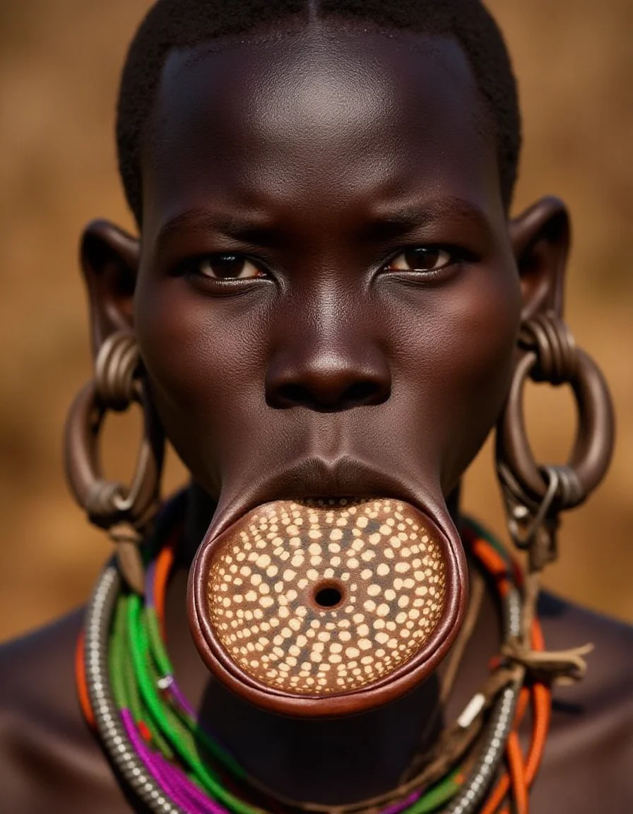 a Murs1 woman, showcasing her distinct facial features and traditional adornments. Her skin is a rich, deep brown, with high, prominent cheekbones and a broad, flat nose, emphasizing her striking natural beauty. Her piercing gaze exudes strength and wisdom, a reflection of her cultural resilience. Her ears are adorned with intricately designed wooden or clay plugs, extending her earlobes in traditional style. Around her neck are multiple layers of carefully hand-strung, colorful beaded necklaces, each bead telling a story of heritage and identity. Her hair is styled in short, tight braids coated with organic mud and natural pigments in earthy ochre tones. The iconic large ceramic lip plate (dhebi a tugoin) accentuates her appearance, decorated with fine hand-painted patterns symbolizing Murs1 artistry. Every detail, from her facial features to her traditional jewelry, is rendered in highly realistic textures and vibrant detail, capturing the essence of her identity within the cultural context.
<lora:mursi:1>, beautiful light set up, dynamic range lighting, RAW candid cinema, 16mm, color graded portra 400 film, remarkable color, ultra realistic, textured skin, remarkable detailed pupils, realistic dull skin noise, visible skin detail, skin fuzz, dry skin, shot with cinematic camera