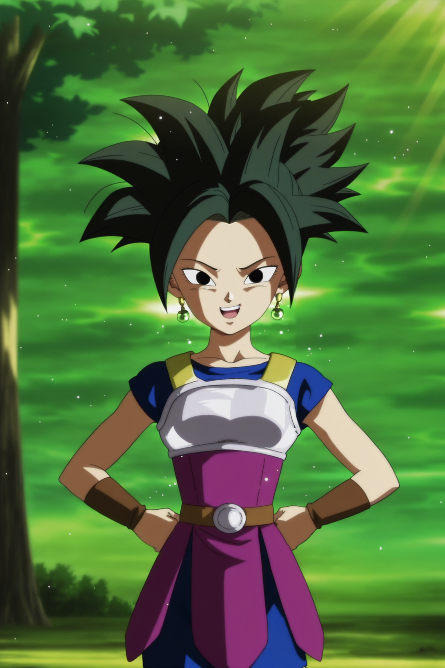 anime screencap, masterpiece, best quality, amazing quality, very aesthetic, absurdres,  newest, (scenery, volumetric lighting), dappled sunlight, light particles, light rays, official style,
1girl, solo, 
kefla \(dragon ball\), base form, spiked hair, black hair, ponytail, black eyes, potara earrings, 
blue shirt, blue shorts, short sleeves, purple tunic, brown belt, brown armwear, bracer, ((saiyan armor)),
green sky, nature, cowboy shot, hands on own hips, looking at viewer, laughing, 
<lora:Universe_6_Saiyans_IL:0.8>