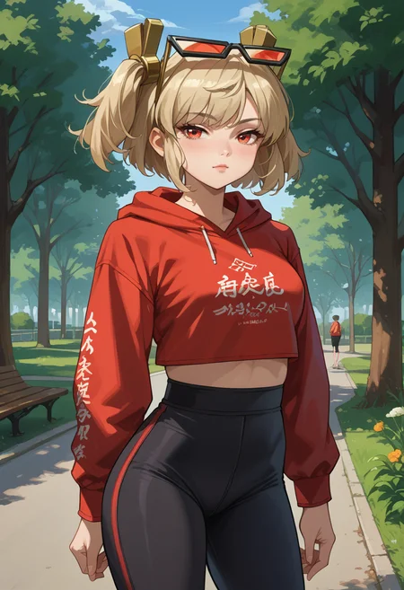 score_9, score_8_up, source_anime, 1girl, solo, BurniceWhite, short hair, short twintails, hair ornament, sunglasses, eyewear on head, outdoors, park, red hoodie, high-waist pants, yoga pants, black pants, light blush, <lora:ChamBurniceWhitePonyXL:1>