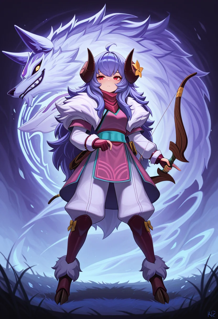 <lora:KindredLamb:1> kindredlamb, holding bow \(weapon\), 1girl, 1wolf, spirit wolf, horns, hoof shoes,, masterpiece,best quality,amazing quality,