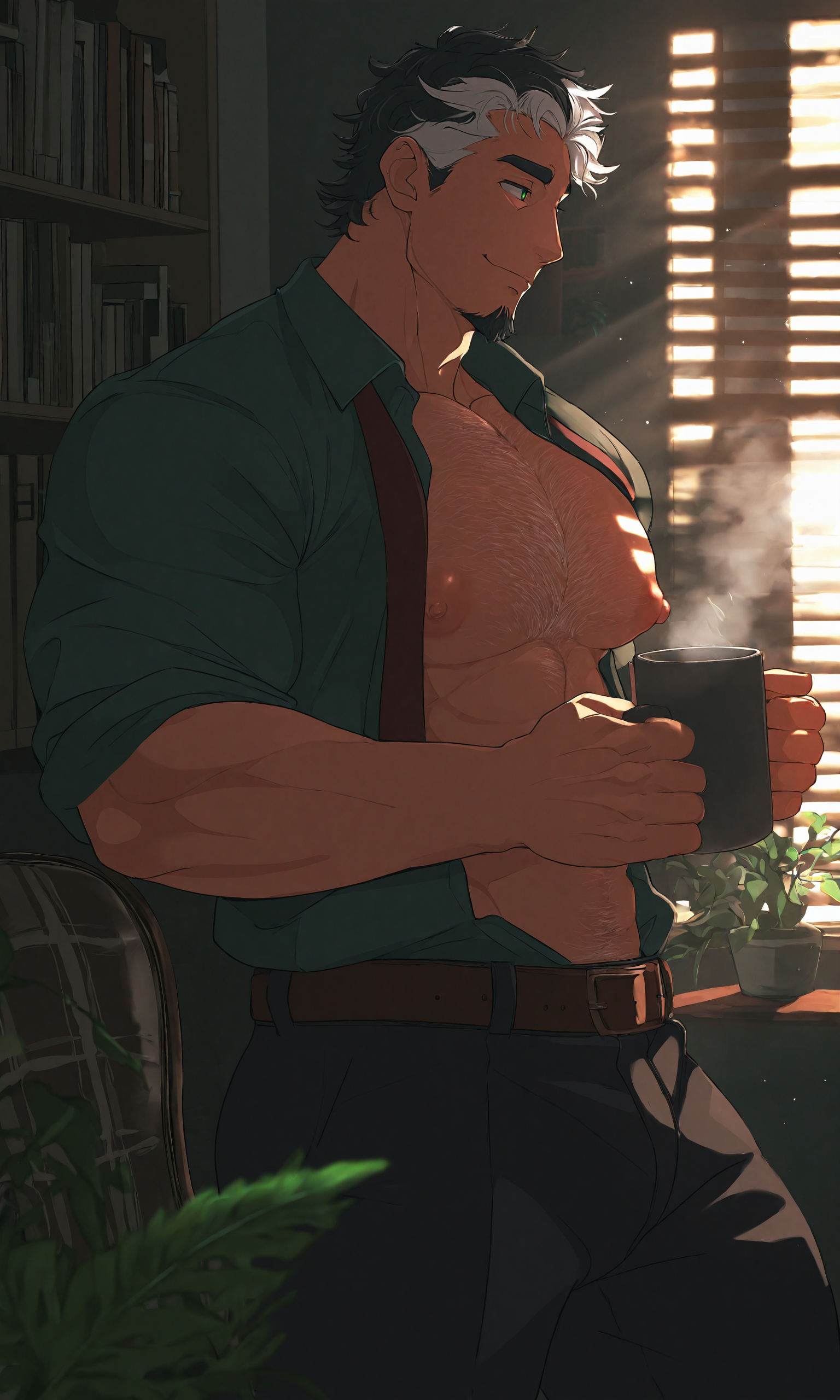 1boy, male focus, bara, muscular, large pectorals, puffy nipples, green eyes, black hair, white hair, mature male, undone necktie, blinds, indoors, dark green shirt, open shirt, holding cup, coffee mug, window, chair, goatee, plant, chest hair, brown belt, short messy hair, sunlight, black pants, collared shirt, sleeves rolled up, bookshelf, smirk, steam, book, cozy, dreamy, cinematic, volumetric lighting, sunbeam, light particles, dark, dark room, illuminated through blinds, dynamic, vintage, looking away, relaxing, leaning against wall, standing, very awa, masterpiece, best quality, absurdres, newest, perfect quality, detailed background, intricate details, (artist:oro9:0.6), (artist:crow \(siranui\):0.7), (artist:konohanaya:0.7)