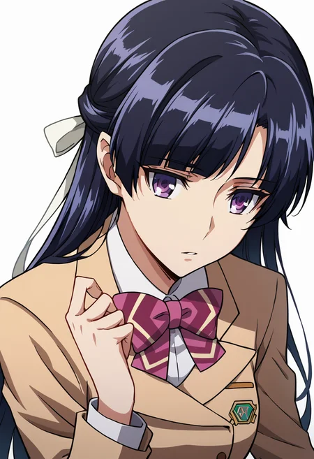 score_9, score_8_up, score_7_up, source_anime, rating_safe <lora:rukino_sakivv_PONY-700007:0.8> rukino_sakivv, 1girl, anime coloring, solo, long hair, purple hair, purple eyes, half updo, hair ribbon, bow, blazer, long sleeves, emblem, expressionless, parted lips, medium breasts, leaning forward,upper body, hand up, hand on own chest, white background,