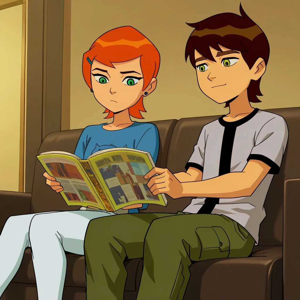masterpiece, best quality, ben_w_gwen, (1boy, ben_t, brown hair, green eyes, reading a comic book)ñ (1girl, gwen_t, orange hair, green eyes), sitting, sofa, looking at another