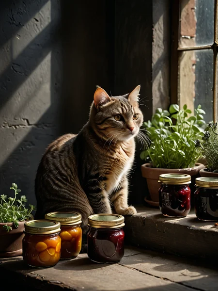 character photo portrait, Diagonals, Dynamic Lines, Energetic Composition, simple background, chiaroscuro, photo focus on A sunlit window sill, lined with potted herbs and jars of homemade preserves, with a plump tabby cat curled up in the patch of sunlight., (dark dimly lit  scene:1.2), color photo, film, professional, 4k, (highly detailed:1.02) , , character portrait, Foreshortening, Distorted Perspective, Dynamic  <lora:Chiaroscuro-v1:0.85>