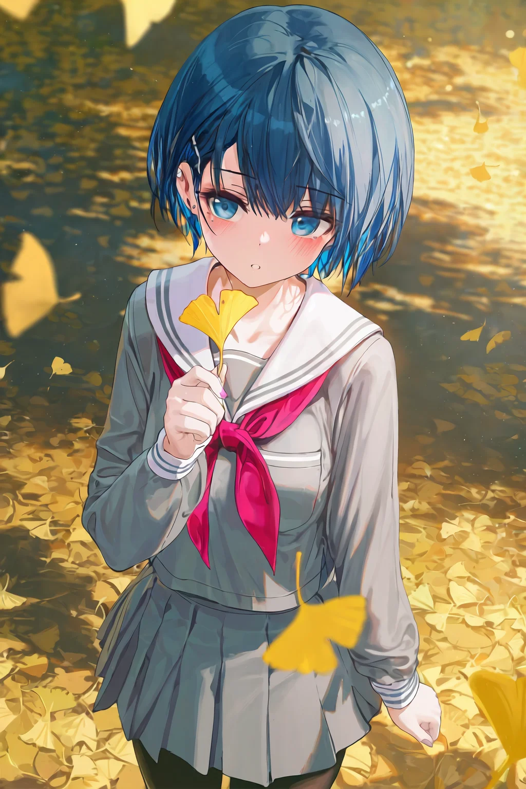 1girl, kiritani haruka, project sekai,
reoen, liduke, eboda-x, yuyumu, (ningen mame:0.8638), miyase mahiro, chen bin, (sho \(sho lwlw\):0.8638), (ogipote:0.8227), (ciloranko:0.8638), (cogecha:0.9524), (wlop:0.9524), dishwasher1910, ru zhai,
year 2023, cowboy shot, autumn leaves, black pantyhose, blue eyes, blue hair, breasts, from above, ginkgo leaf, grey shirt, holding, holding leaf, leaf, long sleeves, looking at viewer, miyamasuzaka girls' academy school uniform, neckerchief, pantyhose, parted lips, pleated skirt, red neckerchief, sailor collar, school uniform, serafuku, shirt, short hair, skirt, solo, standing, white sailor collar
very aesthetic, high definition, amazing quality product \(project sekai\), blue skirt, medium breast pocket, arm at side, miniskirt, hand up, looking away,
masterpiece, best quality, very aesthetic, highres, absurdres, sensitive
