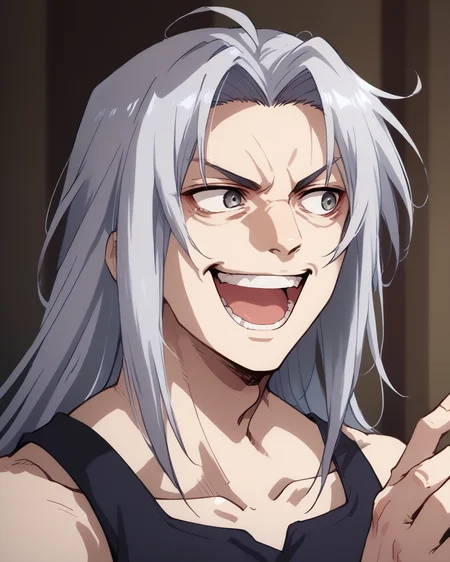 shin natsume, tenjo tenge, ah1, long hair, gray hair, parted bangs, score_9, score_8_up, score_7_up, score_6_up, source_anime, <lora:Shin_Natsume_from_Tenjo_Tenge:0.8>, gray eye, bare chest, <lora:The_shining_meme:0.8> theshining, open mouth, smile, teeth, looking away, 1boy, parody, male focus, meme,