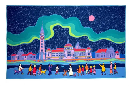 teha1 illustration.
Parliament Hill in Ottawa, illuminated at night under a sky filled with stars. The Peace Tower stands tall, surrounded by colorful lights that reflect off the nearby river. The northern lights dance above the city, blending greens, blues, and purples in the sky. The style is surreal and whimsical, with simplified buildings and vibrant color contrasts. <lora:teha1_cap_d6a3e11:1.0><lora:827678376186750957:0>