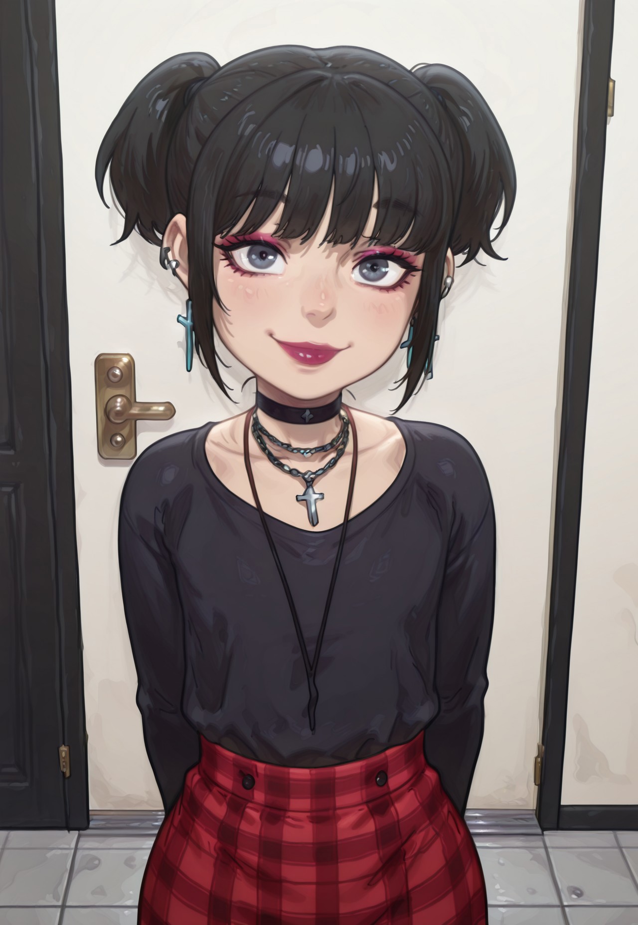 masterpiece, best quality, amazing quality, geh1, 4s0r4,, eigaka, possmach, artist:moriimee,1 girl, solo girl, young, mikasgth, black hair, twintails, bangs, makeup, choker, cute smile, necklace, long necklace, black sweater, earrings, plaid skirt, long skirt, cowboy shot, 