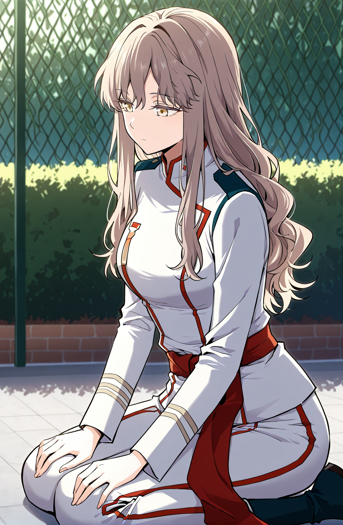 <lora:Cecilia__The_Beginning_After_the_End__Illustrious:1>
Cecilia, female, long hair, wavy hair, light brown hair, golden eyes, side bangs, 
white uniform, red waist sash, fitted top, pants outfit
score_9, score_8_up, score_7_up, masterpiece, best quality, absurdres, perfect anatomy, 1girl, solo, wariza, sitting, hands on own knees, garden background