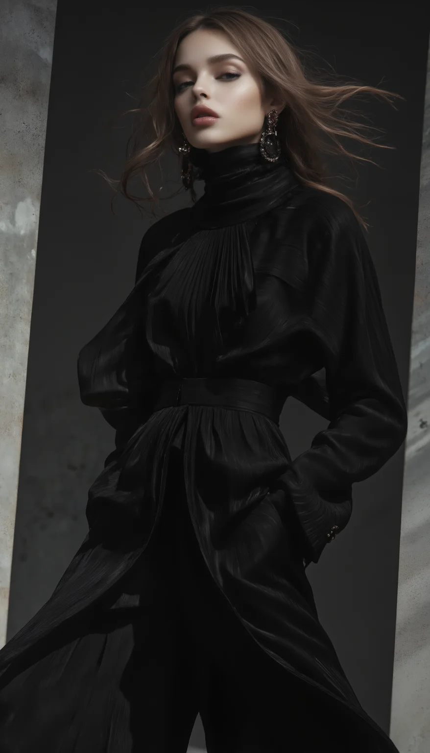 A cutting-edge, high-fashion editorial shot featuring a striking model exuding sophistication and allure. The model wears a meticulously tailored outfit with bold, dynamic lines and exquisite detailing. The composition is sleek, polished, and effortlessly elegant, with a powerful contrast of light and shadow that highlights the model's flawless, radiant beauty. The scene captures a moment of ethereal grace, blending contemporary style with timeless elegance in a way that is both iconic and unforgettable.,<lora:midjourney_whisper_flux_lora_v01:1>, <lora:Midjourney_Whisper_Elegance:1>,