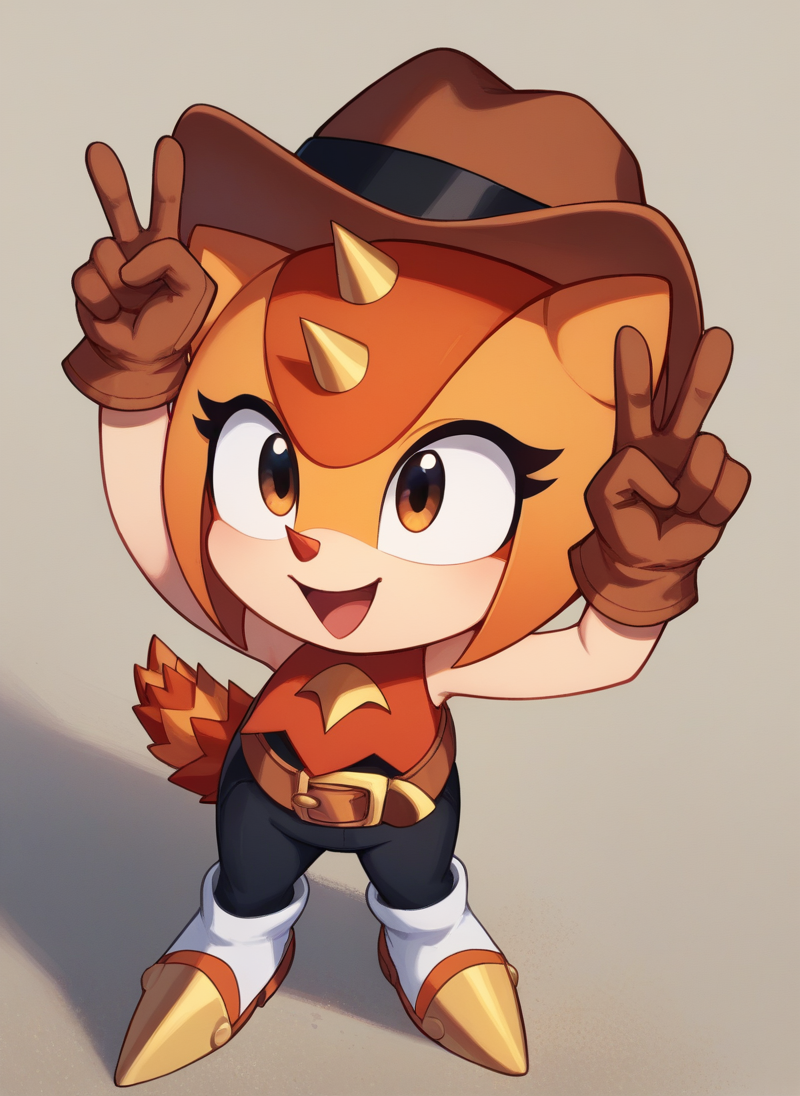 score_9, score_8_up, score_7_up, <lora:fangtrip:1>, trip the sungazer (sonic), 1girl, solo, lizard tail, red nose, pointy nose,horns, orange shoes, orange ears, two-tone fur, orange fur, beige fur, short hair, short bangs, orange hair, red headwear, belt, brown belt, white boots, ((cowboy hat, black hat ribbon)), brown gloves, happy, ^_^, v,  standing, sleeveless shirt, black pants, from above