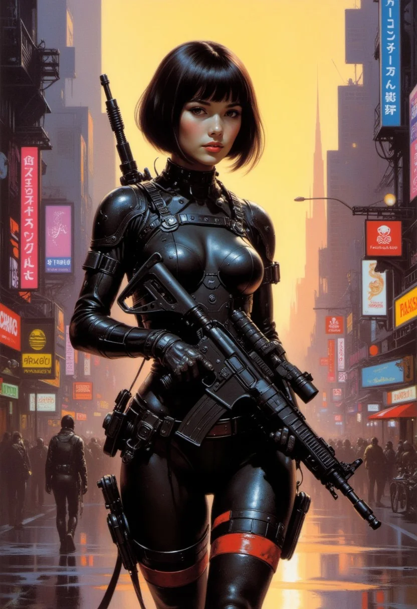 Frank Frazetta fantasy oil painting, japanese female sci-fi police officer with cybernetic implants, bob cut hair, detailed black bodysuit with red detailing, holding assault rifle with both hands, on cyberpunk street at dawn, neon signs and advertising screens, directional lighting, dutch angle