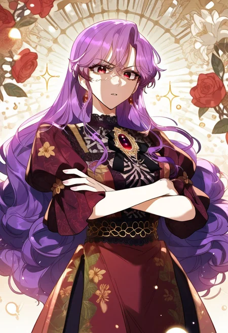 zPDXL3, score_9_up, score_8_up, score_7_up, (Anime_source), 1girl, DeborahSeymour, red eyes, purple hair, long hair, Deborah dress, looking at viewer, particles, parted lips, crossed arm