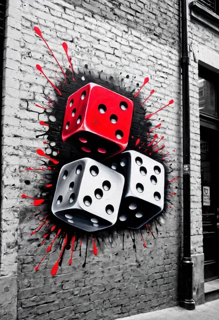 city wall, spray painted on the wall is the word "DICE", (Black and white image, Red Accent)