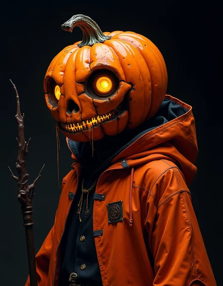 Halloween Monster. cyberpunk (Pumpkin-headed:1.5) wizard. mechanical pumpkin. Gouged-out eyes, nose, and mouth. Eyes that emit light with LEDs. Exhaust heat from radiator leaks out of mouth. Flip the orange cloak. Purple Shadow. black background. he has a magic staff. <lora:FLUX-daubrez-DB4RZ-v2:0.3> DB4RZ, DB4RZ style painting. <lora:FantasyWizardWitchesFluxV2-000001:0.3> hkmagic