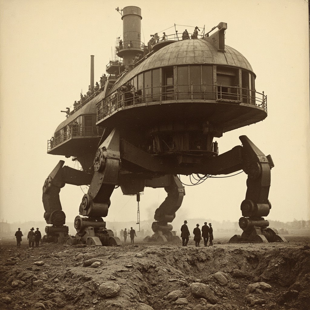 01dPh0t0 dark, shadow, distorted, grainy, film grain, Victorian, An aged worn sepia monochrome 1800s photograph of an enormous steampunk combat mecha, massive four-legged walking machine, huge platform on top with multiple structures and cannons. like a walking battleship, Soldiers working on the platform, walking through a crater-filled battlefield