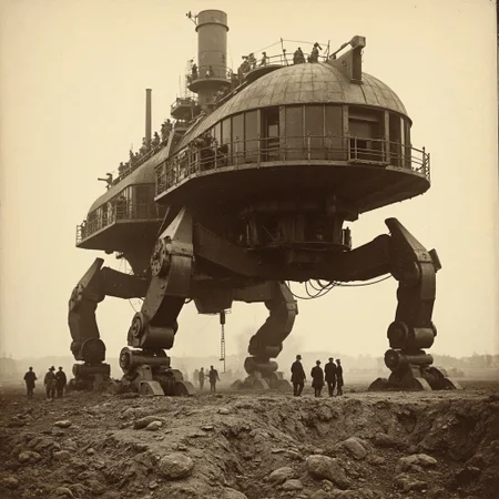 01dPh0t0 dark, shadow, distorted, grainy, film grain, Victorian, An aged worn sepia monochrome 1800s photograph of an enormous steampunk combat mecha, massive four-legged walking machine, huge platform on top with multiple structures and cannons. like a walking battleship, Soldiers working on the platform, walking through a crater-filled battlefield