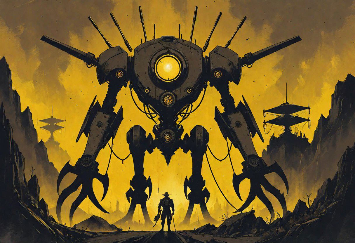 a stylized vintage robot standing in front of a huge menacing vintage steampunk mecha with tech tentacles, antennas and drones, in an alien landscape, western, hyper detailed, sci fi, minimalist_sci-fi_dystopia