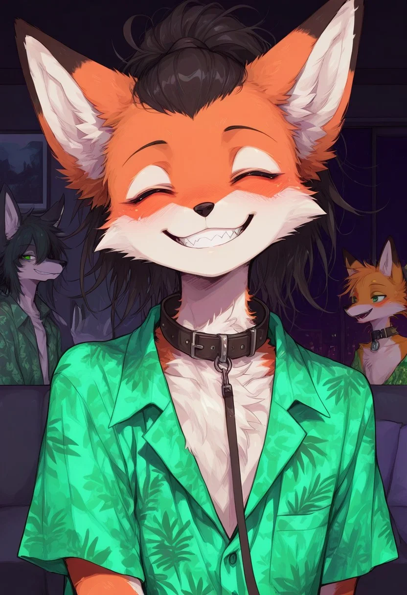 score_9, score_8_up, score_7_up, masterpiece, best quality, high quality, sharp lines, solo, luminescent background, furry, fur, fur covered,
BREAK, anthro, skinny, fox, furry, male, green eyes, orange fur, messy hair, black hair, hair combed back, ponytail, green and grey hawaiian shirt, collar, leash, eyes closed, wide smile, teeth, head raised, night, living room, detailed, colorful, dark background, portrait, front view