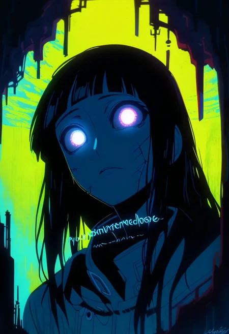 masterpiece, best quality, good quality, very aesthetic, absurdres, newest, 1girl, (hinata, hyuuga hinata, purple eyes, blunt bangs, black hair, white eyes, no pupils,byakugan,veins, veins around eyes, empty pupil, large breasts,solo, looking_at_viewer, black_hair, , text, orange_eyes, lips, colored_skin, portrait, close-up, colored_sclera, red_lips, stitches, body_writing, horror_\(theme\), eye_focus, stitched_face, limited palette, sketch, glowing, psychedelic, Dutch Angle, <lora:ponyv5_noobE11_1_adamW-000013:0.7> <lora:USNR_STYLE_XL_lokr:1> <lora:Navi_LustStrokes_IL:1>, NLSTN, glowing, dark