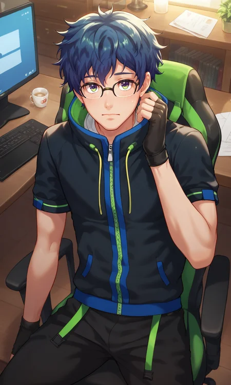 score_9, score_8_up, score_7_up, masterpiece, best quality, lots of details, (close-up:1.2), ((1boy)), Hyunjin, slim, male focus, sitting, in the gaming chair, black gloves, fingerless gloves, black pants, glasses, zipped hoodie, high collar, closed mouth, shaded, detailed shading, detailed skin, shaded skin, realistic shading, looking at viewer, Expressiveh, countershading:1.1, computers, server room, indoors, dim light, <lora:add-detail-xl:0.7>, <lora:Smooth Anime 2 Style SDXL_LoRA_Pony Diffusion V6 XL:0.8>, <lora:Expressive_H:0.7>, <lora:Hyunjin_XL_V10:0.9>
