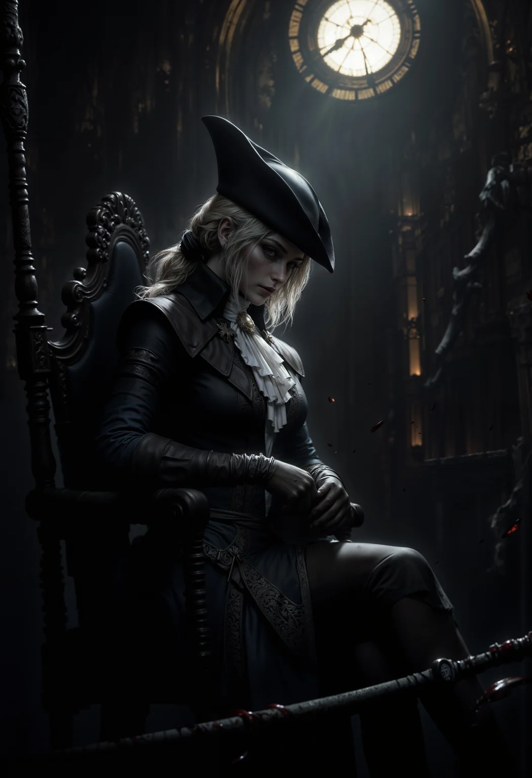 A haunting scene of Lady Maria seated solemnly in a dimly lit chamber atop the Astral Clocktower, her figure both elegant and menacing. Dressed in her iconic black Victorian hunter’s garb, her pale face is framed by strands of silvery hair escaping from beneath her wide-brimmed hat. Her eyes, once filled with warmth, now burn with cold resolve, glowing faintly with a sorrowful, ghostly light as they reflect the weight of her cursed existence. Blood stains her pristine gloves and her slender hands rest lightly on the hilt of her twin blades, Rakuyo, which lie across her lap. The dim light from the towering clock casts long shadows across the room, and the distant sound of ticking fills the air, amplifying the eerie, tragic atmosphere. Scarlet blood droplets hang in the air like suspended memories, as if time itself has slowed to honor her grim vigil. The scene radiates with quiet power, capturing the sorrow and strength of a warrior bound by fate and blood. <lora:FluxLadyMaria:1> <lora:FluxMythP0rtr4itStyle:0.7> <lora:aidmaHyperrealism:0.5> aidmaHyperrealism
