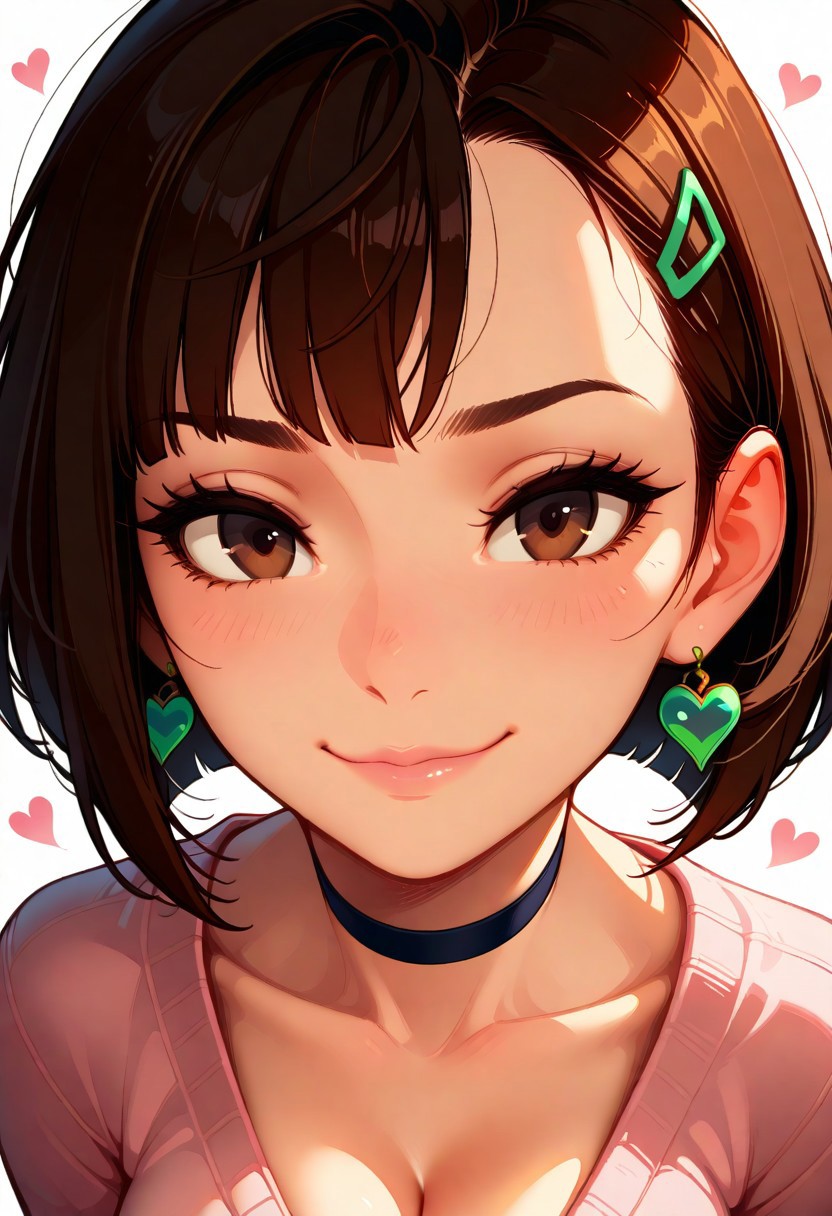 masterpiece, best quality, amazing quality, very aesthetic,
Artist : Tsuaii, Artist : Incase, flat colors, close up, portrait, face focus, looking at viewer, (relaxed:0.5), (smiling:0.5),
(Ayase_Momo:1), choker, green disk earring, hair crossed on face, hearts, cleavage, brown hair bobcut, brown eyes, pink sweater,
(neutral white background), dynamic lighting,