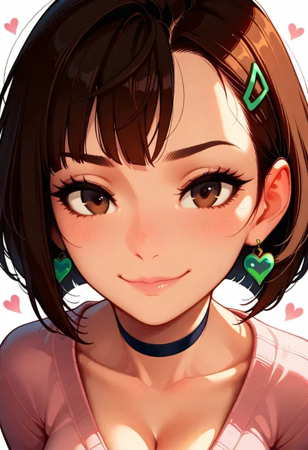 masterpiece, best quality, amazing quality, very aesthetic,
Artist : Tsuaii, Artist : Incase, flat colors, close up, portrait, face focus, looking at viewer, (relaxed:0.5), (smiling:0.5),
(Ayase_Momo:1), choker, green disk earring, hair crossed on face, hearts, cleavage, brown hair bobcut, brown eyes, pink sweater,
(neutral white background), dynamic lighting,